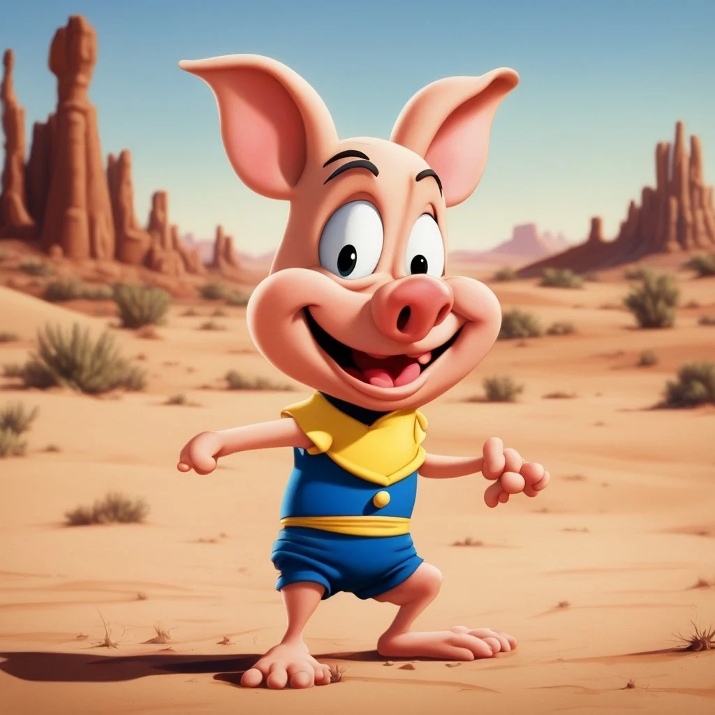 Porky pig from the Looney Toons cartoon, background of a desert, television still