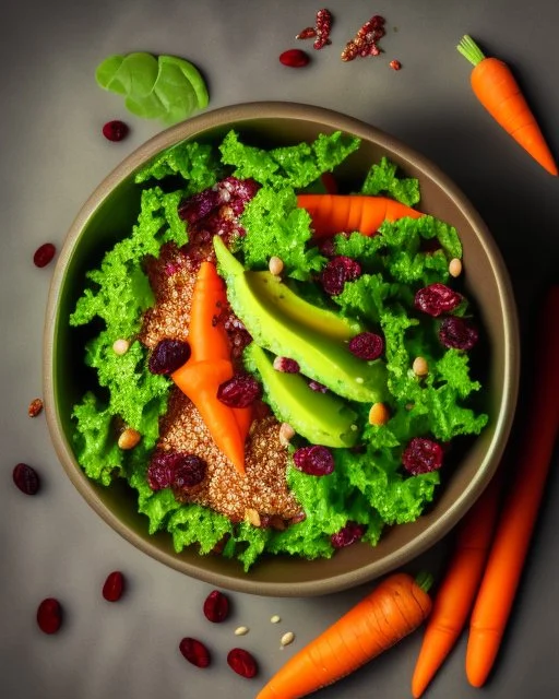 a bowl of salad that contains kale, carrot, avocado, dried cranberries, sesame seeds. Realistic photo. HD. Glowing. 3d style