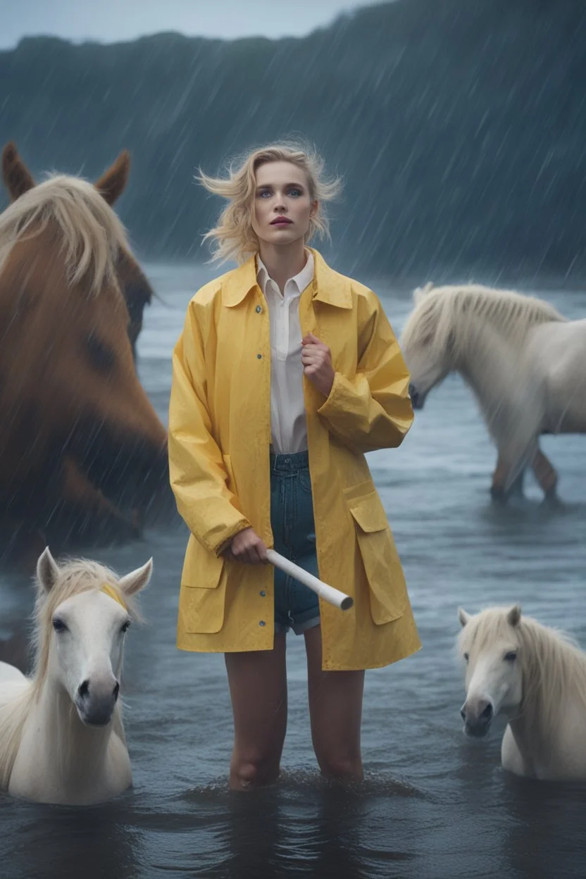 In the music video, a 23-year-old woman with blonde hair and bright blue eyes stands in the sea, se has a bun. dressed in a yellow fisherman's jacket. She holds an umbrella, but it offers no protection from the pouring rain. Around her, heavy horses are moving. The rain is pouring heavily. She is standing in the middle of the sea. You can see here completely. The rain is pouring really really hard. horses Only the girl and horses, i wanna see the horses dancing around her