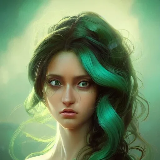 alien girl, cute, beautiful, long hair, curly hair, black hair, slim body, brown eyes, big eyes, green skin, turquoise dress, head and shoulders portrait, fantasy, 8k resolution concept art portrait by Greg Rutkowski, Artgerm, WLOP, Alphonse Mucha dynamic lighting hyperdetailed intricately detailed