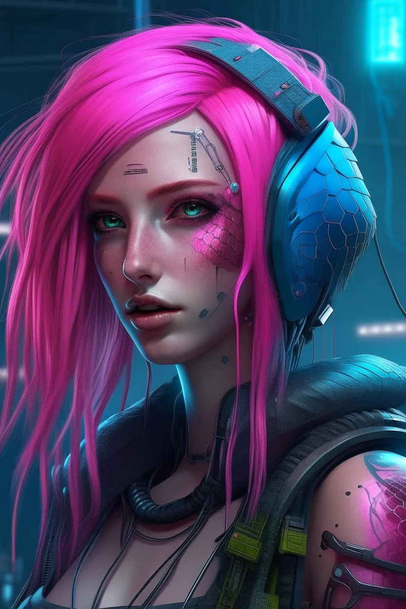 mermaid Cyberpunk some scales on face pink hair