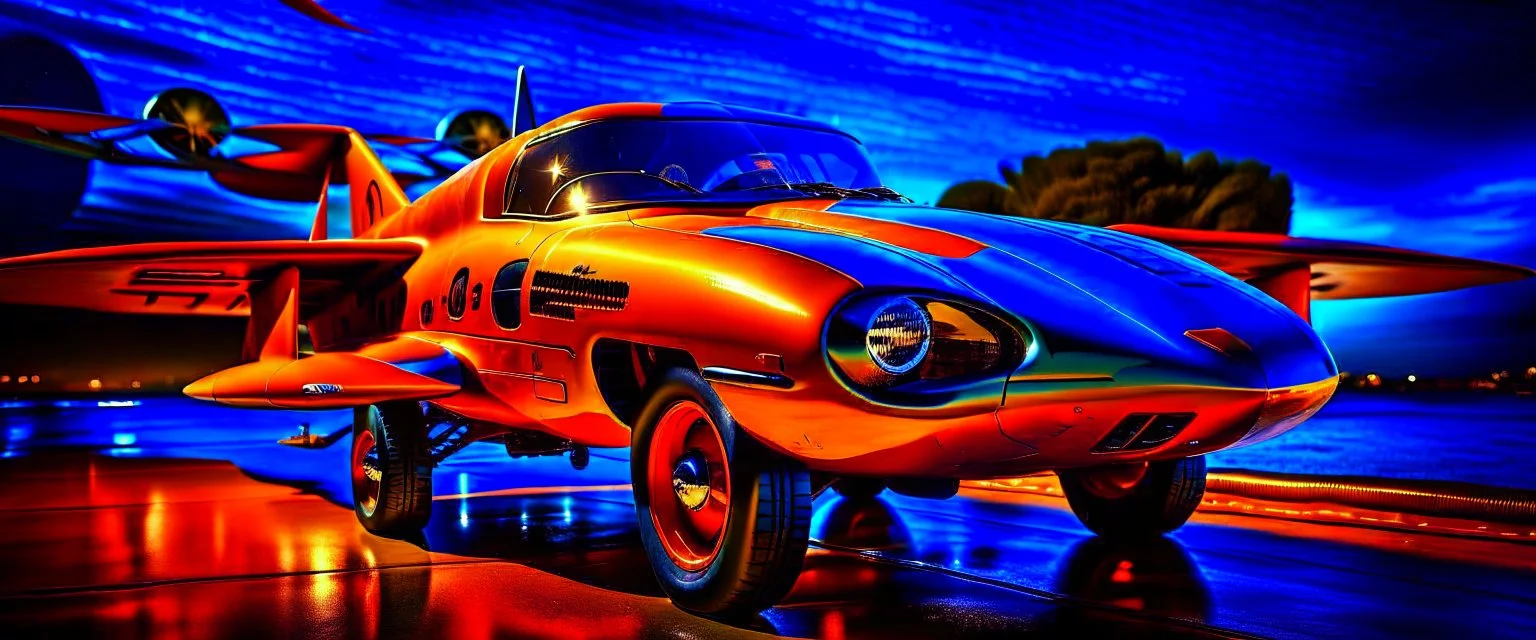 A national geographic award winning photograph of a military fighter jet station wagon wasp hybrid designed by volkswagen only one vehicle per image painted metallic orange traveling at a high rate of speed, jet intake off of front center of vehicle and jet exhaust out the rear with bright blue flame