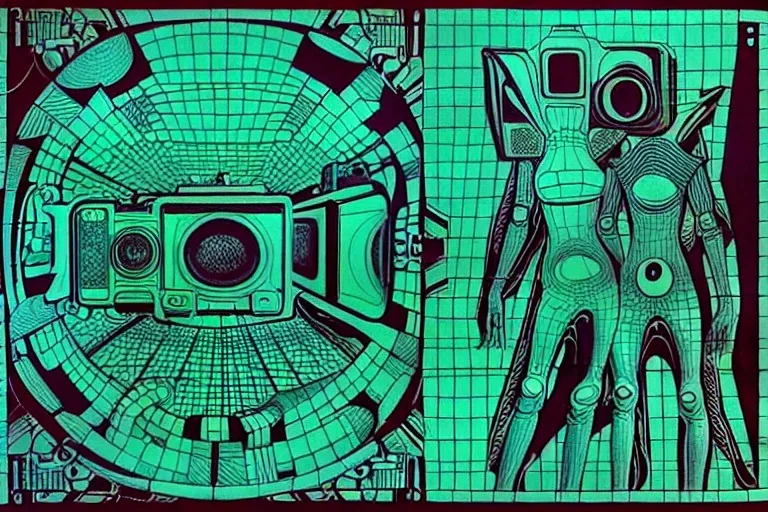 Dark green to cyan body color. Girls with slim body and big bottom. Old-fashioned cameras integrated to heads of the aliens. Noetherian rings, Cyber-punk. Surrealistic, no eyes. Red&blue 3D-tiling. Escher tiling background. Oppressive atmosphere. Soviet propaganda. Partly symmetrical in relation man. Perfect golden ratio in vertical and horizontal directions. Deep blue geometrical hexagon in 11th dimension. Tessellation in 6-dimensional space. Perspective derived from Krull's intersections