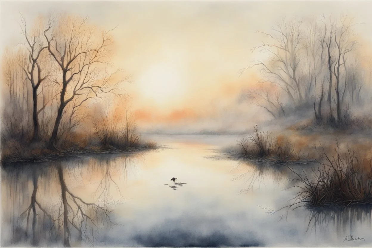 Sunrise on a misty morning. over a misty pond in the hieght of fall.Watercolour by Alison Brady. Pastel colours Arthur Rackham Gothic Watercolour Jean-Baptiste Monge Ernst Haeckel Minimalist Kay Sage watercolour art