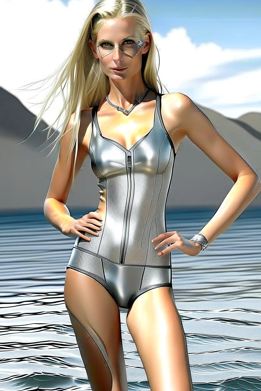 photorealistic image of a skinny woman wearing a silver swimsuit