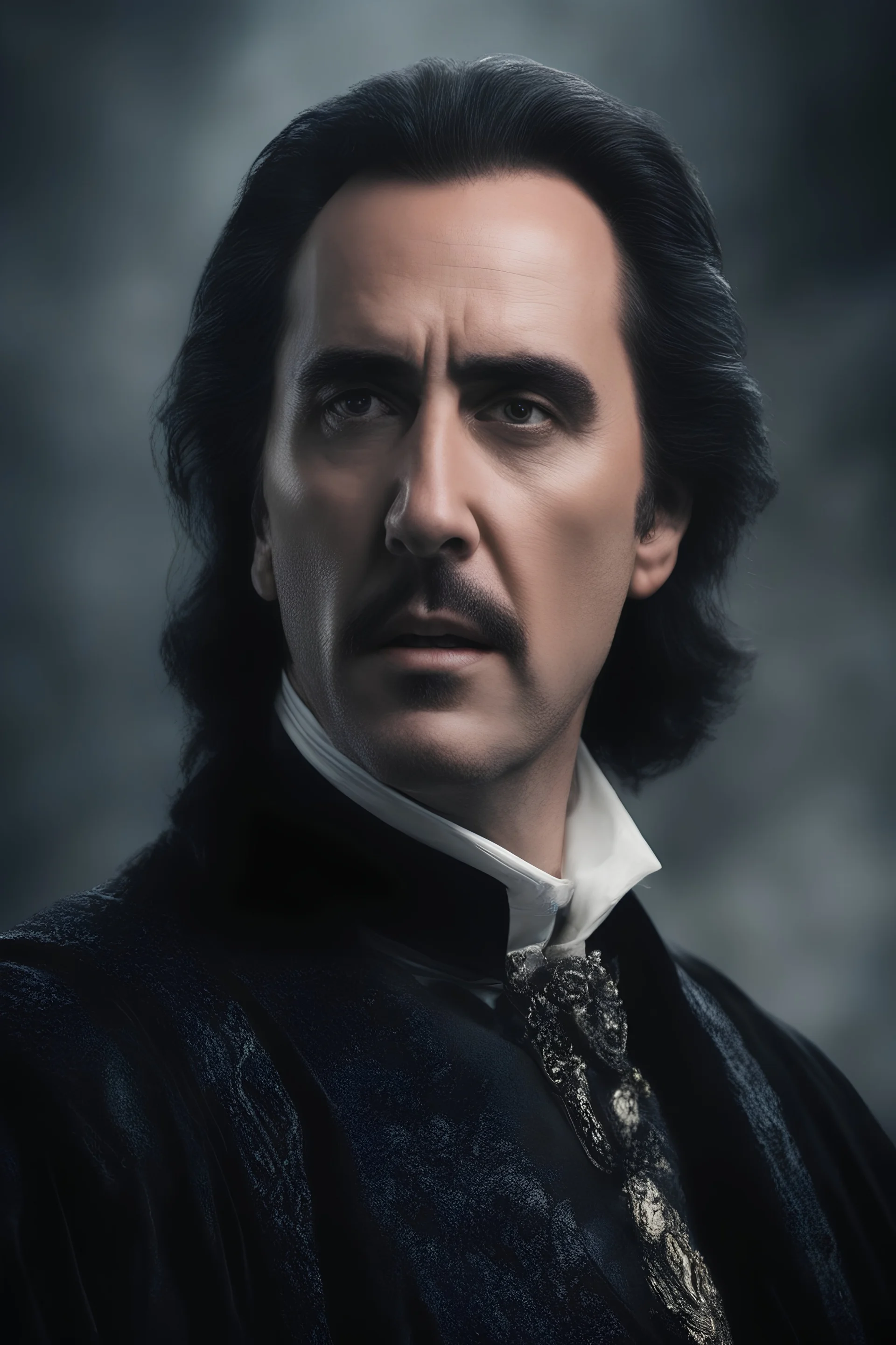 Nicolas Cage as Count Dracula - full color - 32k, UHD, 1080p, 8 x 10, glossy professional quality digital photograph - dark foggy gradated background, historic, powerful, octane rendering, exquisite detail, 30 - megapixel, 4k, 85 - mm - lens, sharp - focus, intricately - detailed, long exposure time, f8, ISO 100, shutter - speed 1125, diffuse - back - lighting, ((skin details, high detailed skin texture)),