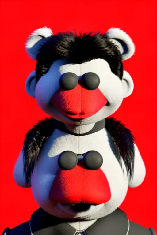 Waist up muppet Portrait, Kim Jong-un muppet doll, black suit, photo studio, red background, unreal engine 5, concept art, art station, ray tracing, lumen lighting, ultra detail, volumetric lighting, 3d.