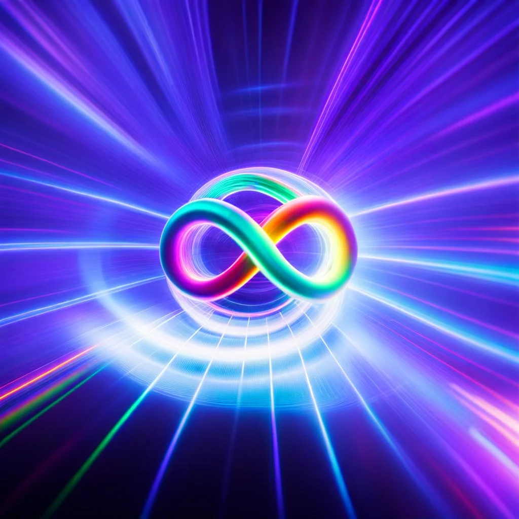 infinity symbol brightly coloured ∞ moving at warp speed, colours from infinity flowing through image with speed, DSLR with a 80mm lens, set to f/16 and a slow shutter speed of 1/15s, striking, neon, chiaroscuro, dramatic, captivating, powerful, fantasy, beautiful, octane render, 16k post-production, artstation: award-winning: atmospheric: commanding: fantastical: clarity: ultra quality: striking: brilliance: stunning colors: amazing depth; lens: f/11, 35mm