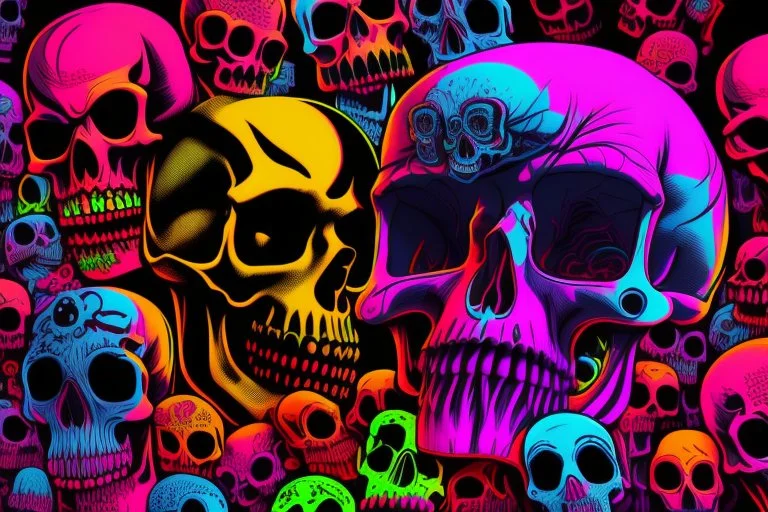 a field of 1000s of cartoonish, anatomically correct, skulls, vivid RANDOM BRIGHT neon colors, dark comedy, well lit, high detail, photorealistic, horrorcore, fun, scary, none featured, each a different color or hue,