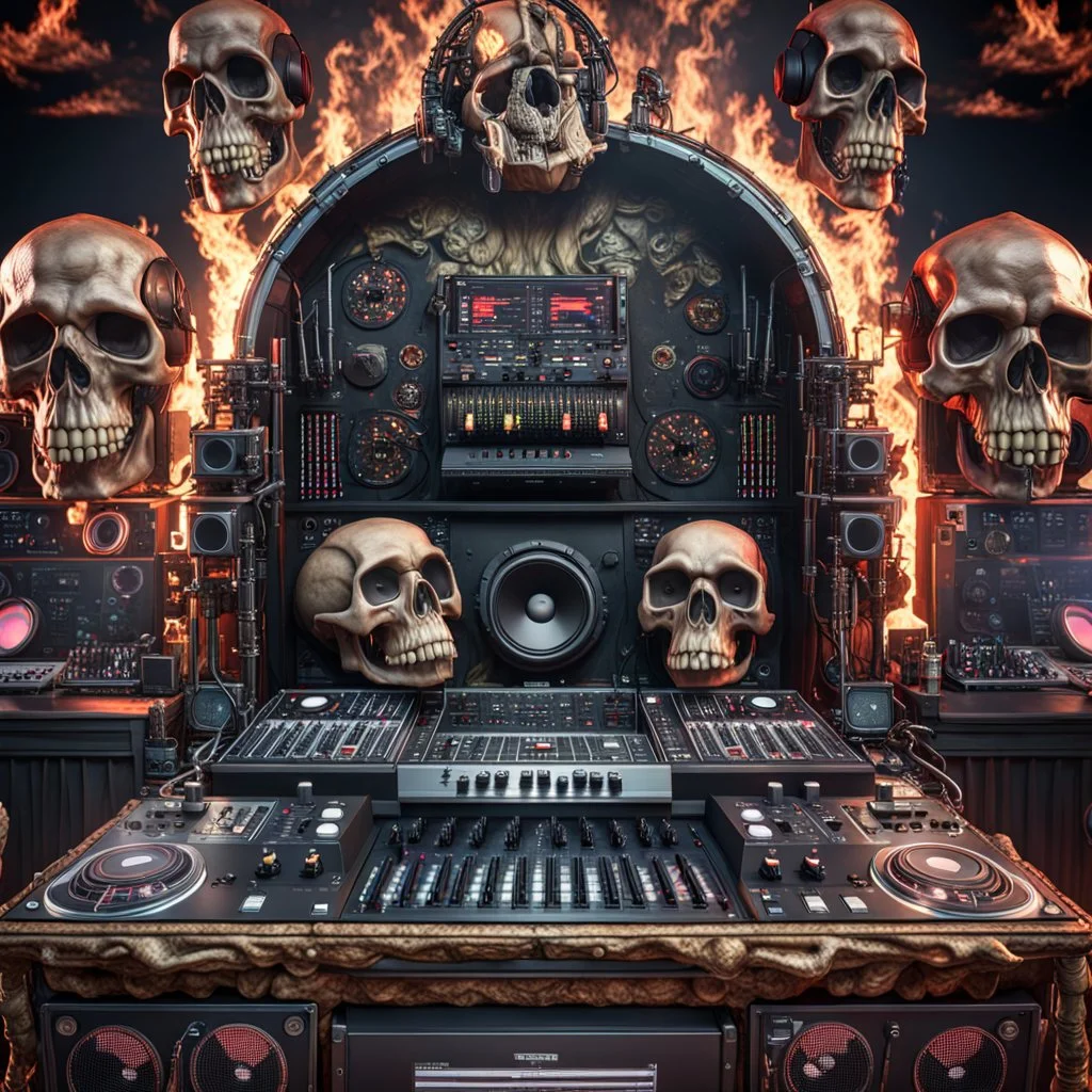 DJ of the damnded, insanely detailed DJ booth in hell, MID set, speakers and equipment made of bone, anatomically correct, add more skulls in th audience, photorealism, vray, 8k 3d https://stablecog.com/generate?o=a67b60e0-edd2-418d-9744-d1d585055d7fv https://stablecog.com/generate?o=93026b00-ac6b-436a-bc57-6aa04073d4a9