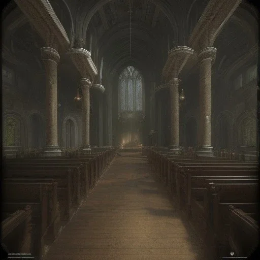 on old church interior full with people, scary, steam punk, realistic, made in octane, cinematic, ultra-realistic, extremely detailed octane rendering, 8K, VRAY Super Real ar 2:3, dof photorealistic futuristic 50mm lens hard lighting dark gray tintype photograph, realistic lighting, sepia color