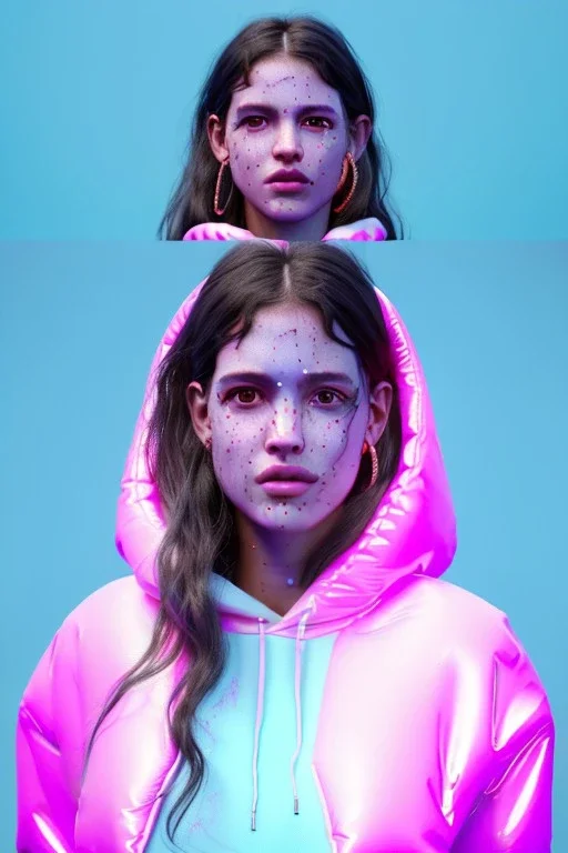 Ultra Realistic image, Rosalía artist, portrait, normal complexion, waist up portrait, long black eye line, sweet face, inflatable hoodie, gold pink and blue style, spray glow make up, led rings piercing, led geometric ornament, fog, hot, inflatable style latex coat, vibrant color, highly detailed, art stations, concept art, smooth, unreal engine 5, god rays, ray tracing, RTX, lumen lighting, ultra detail, volumetric lighting, 3d, finely drawn, high definition, high resolution.