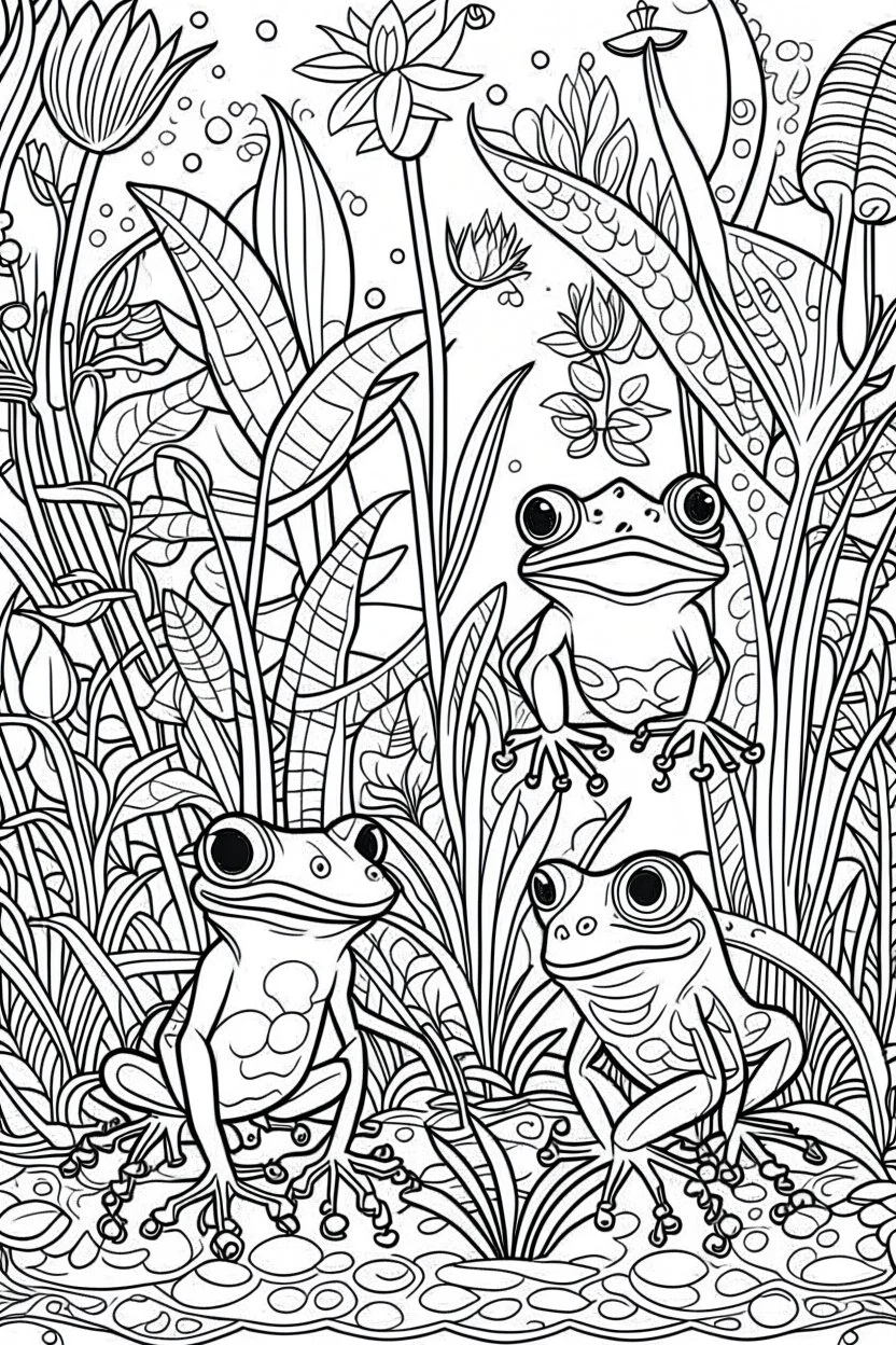 Stress Relief coloring page for kids, A cute, soothing rainforest featuring exotic frogs and vibrant foliage, cartoon style, thick outline, low details, no shading, no color