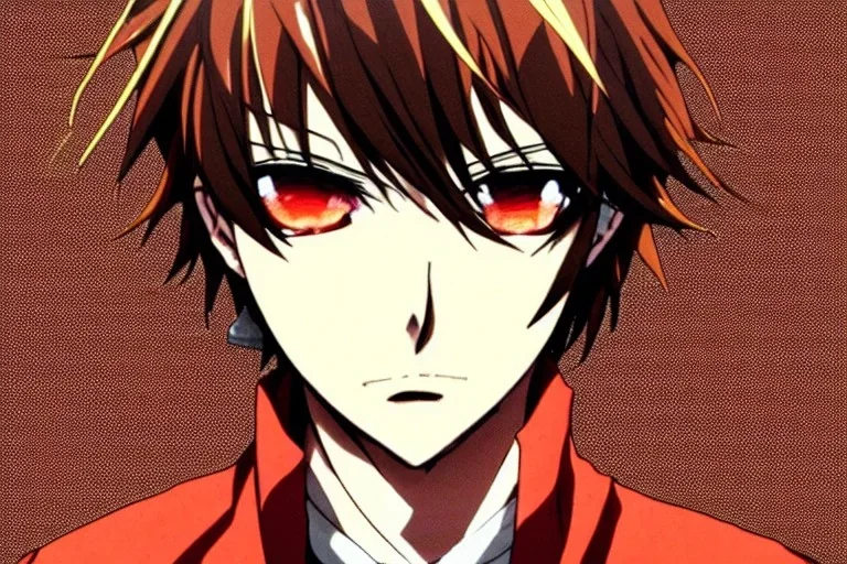 Detailed pretty anime boy, brown hair with blonde strips, keep head in frame, headshot, glaring, brown eyes, covered in bandages, looking serious, illustration, digital painting, only one character, color scheme red, wearing many bandages, Osamu Dazai inspired, anime inspired, manga, dazai, red hair, Chuuya, pretty, scruffy, angry, brooding, manga inspired, small nose, long lower eyelashes, handsome, one character, headshot, glaring, cute, wearing a bandage on neck, small nose, scruffy hair