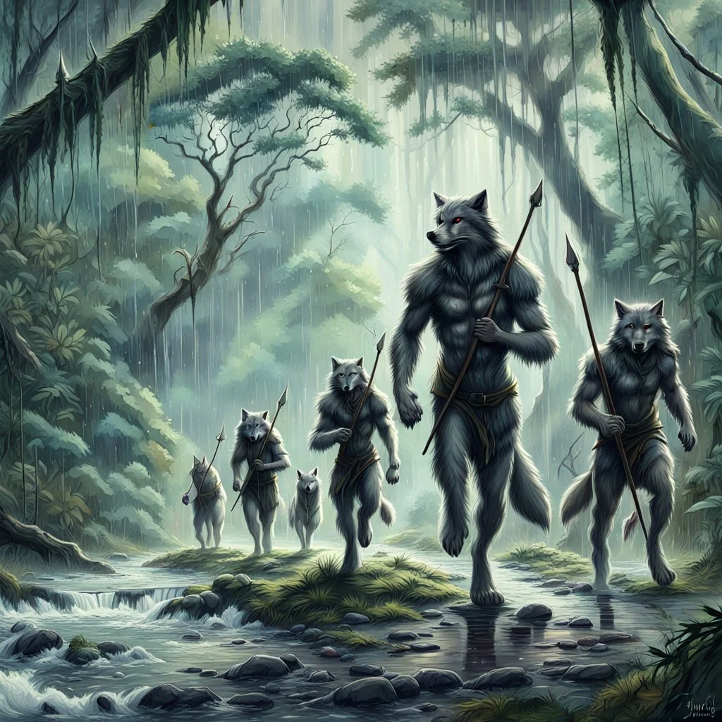 wolf body hair straight walking eight anthropomorphic wolf man hybrid human two with spears in their paws go one after another by pathway in jungle, in the further away a river flows in jungle near the trees, rain, very thick-trunk trees and jungle vegetation, near to them flows a fast river, dark colors, high realistic, 3d, digital art, detailed, cinematic, sci-fi, fantasy mood