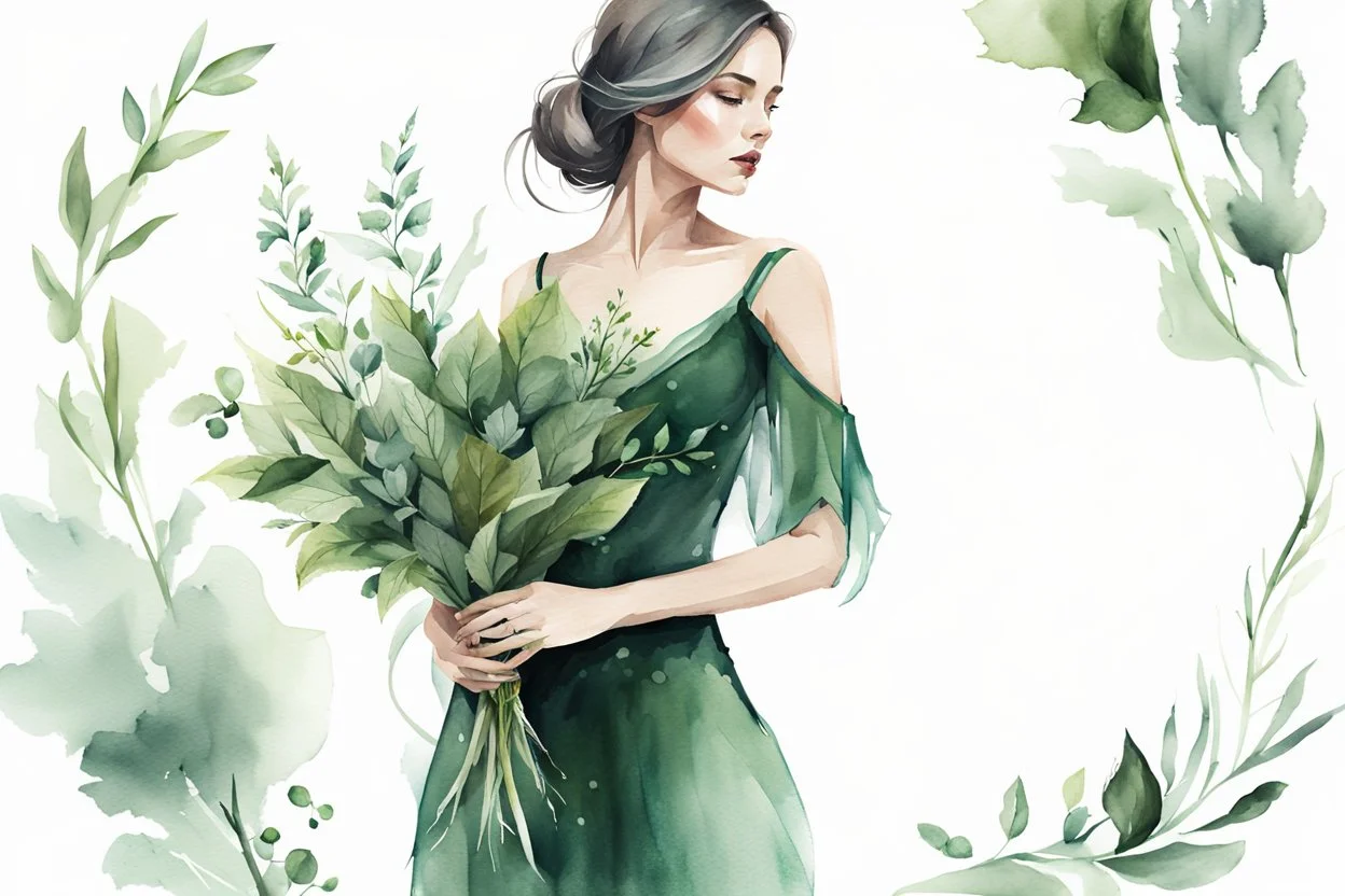 woman, watercolor drawing of dark green gothic bouquet of medicinal herbs and branches with leaves on white background, Trending on Artstation, {creative commons}, fanart, AIart, {Woolitize}, Charlie Bowater, Illustration, Color Grading, Filmic, Nikon D750, Brenizer Method, Side View, Perspective, Depth of Field, Field of View, F/2.8, Highlights, Tonal Colors, 8K, Full-HD, ProPhoto RGB, Perfectionism, Edge Lighting, Natural Lighting, Soft Lighting, Accent Lighting, Diffraction Score, With flaws