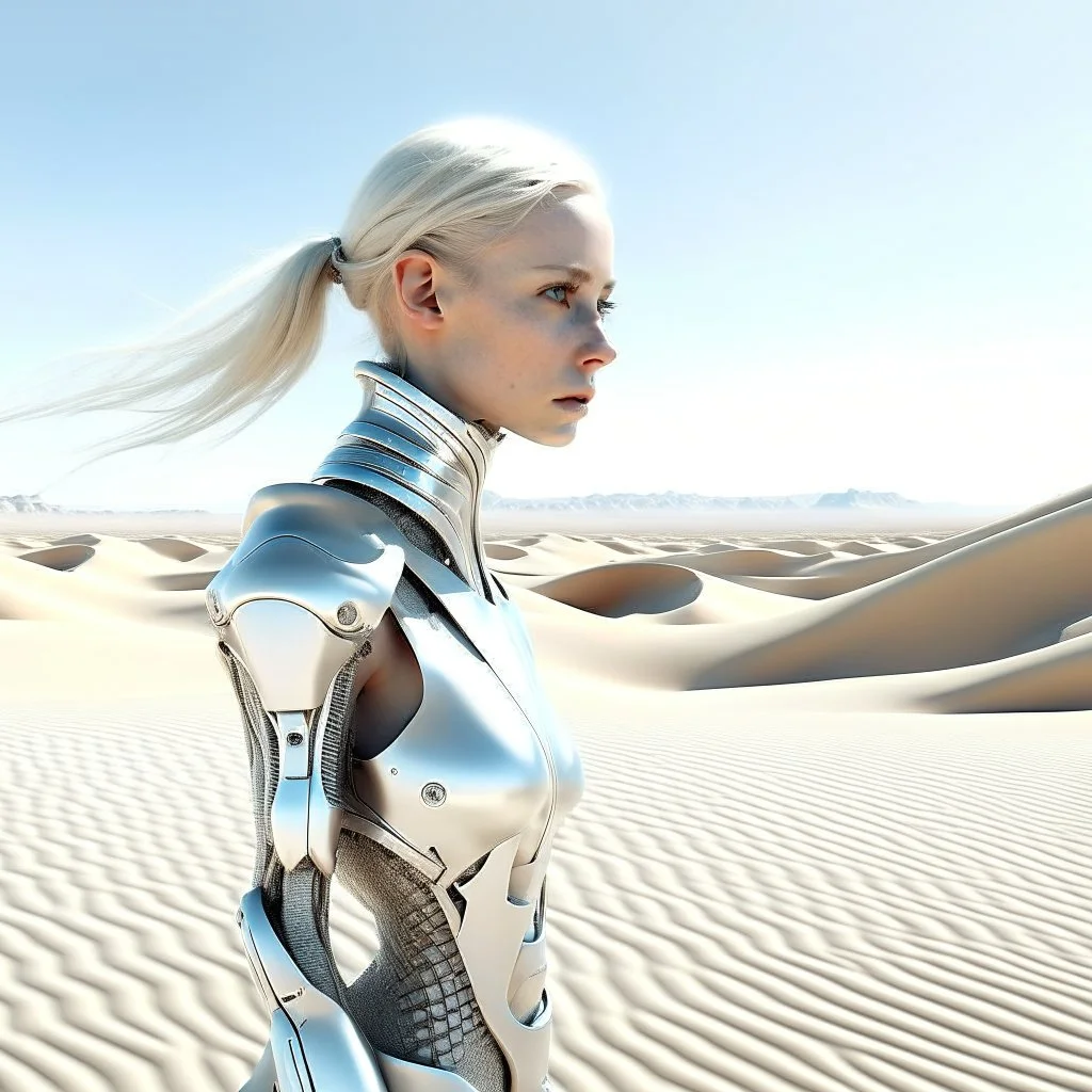 a futuristic girl from Dune's film made of metal in the style of Hajime Sorayama, inside a light white digital desert landscape.