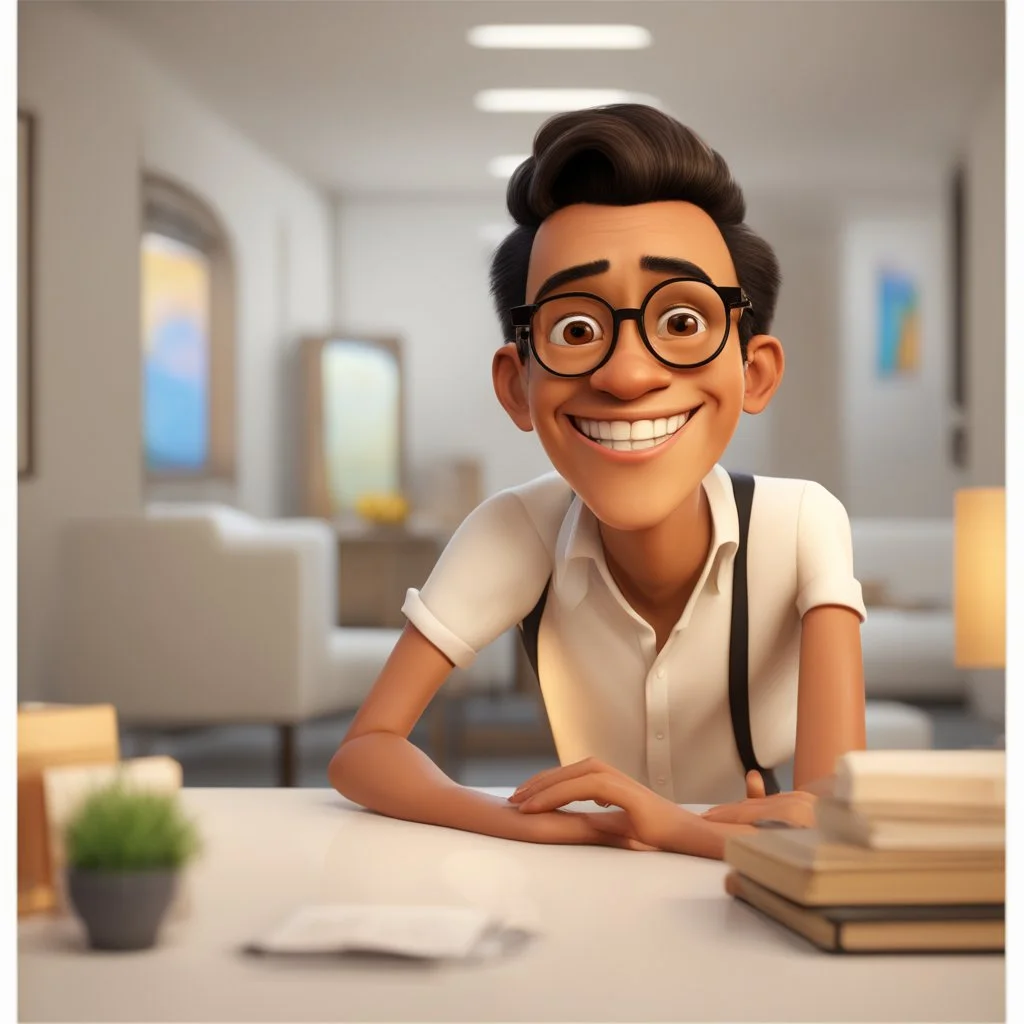 a portrait of smiling man. caricature. black rare hair. fair brown skin. black eye pupils. circle eyeglasses, thin gold frame. reverse oval face shape. white shirt with black vest. pixar style. 3D. 4k. portrait. highly detailed. sharp focus. high resolution. full color. cinema lighting