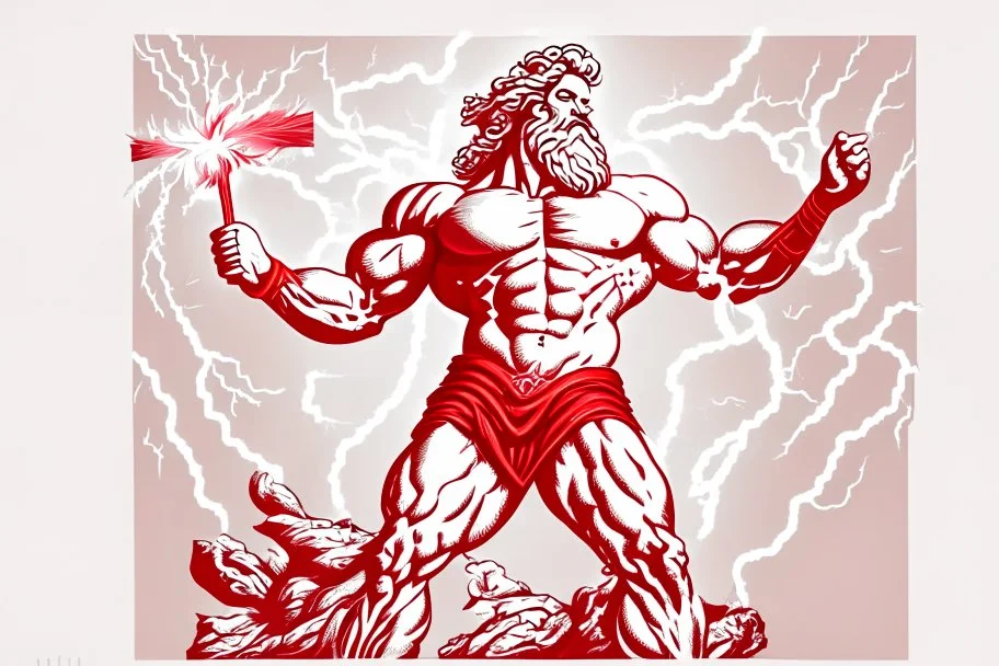 Detailed and realistic illustration of Greek god Zeus holding holding lightning. Vintage style illustration. Red and white lightning. Ultra high resolution. Muscular, low fat percentage.