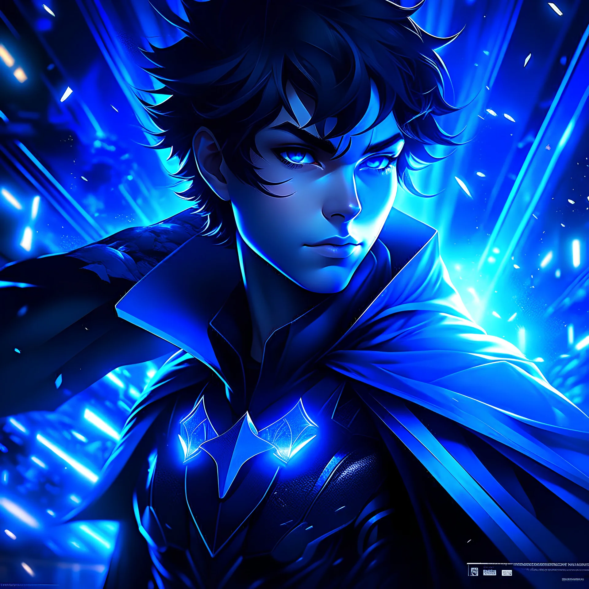 (masterpiece), (anime style), award-winning, close-up, centered, Instagram-friendly, looking towards camera, dynamic pose, messy black hair, Batman blue eyes, intricate modern background, dynamic lighting, depth of field, ultra detailed, (epic composition, epic proportion), 2D illustration, professional work, black clothing