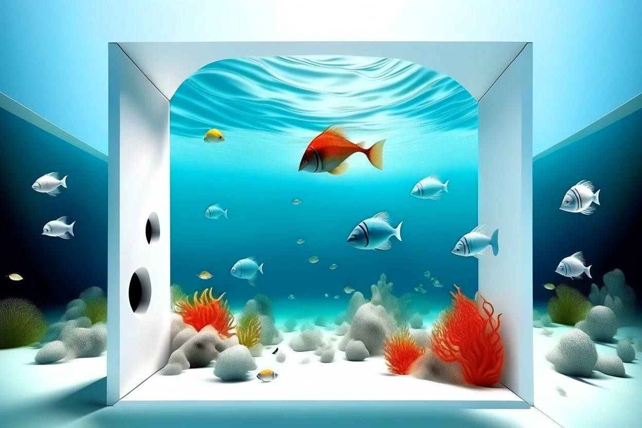 white,background,looking,through,a 3-d, square hole,watching,tropical,fish,swimming,in,the,ocean