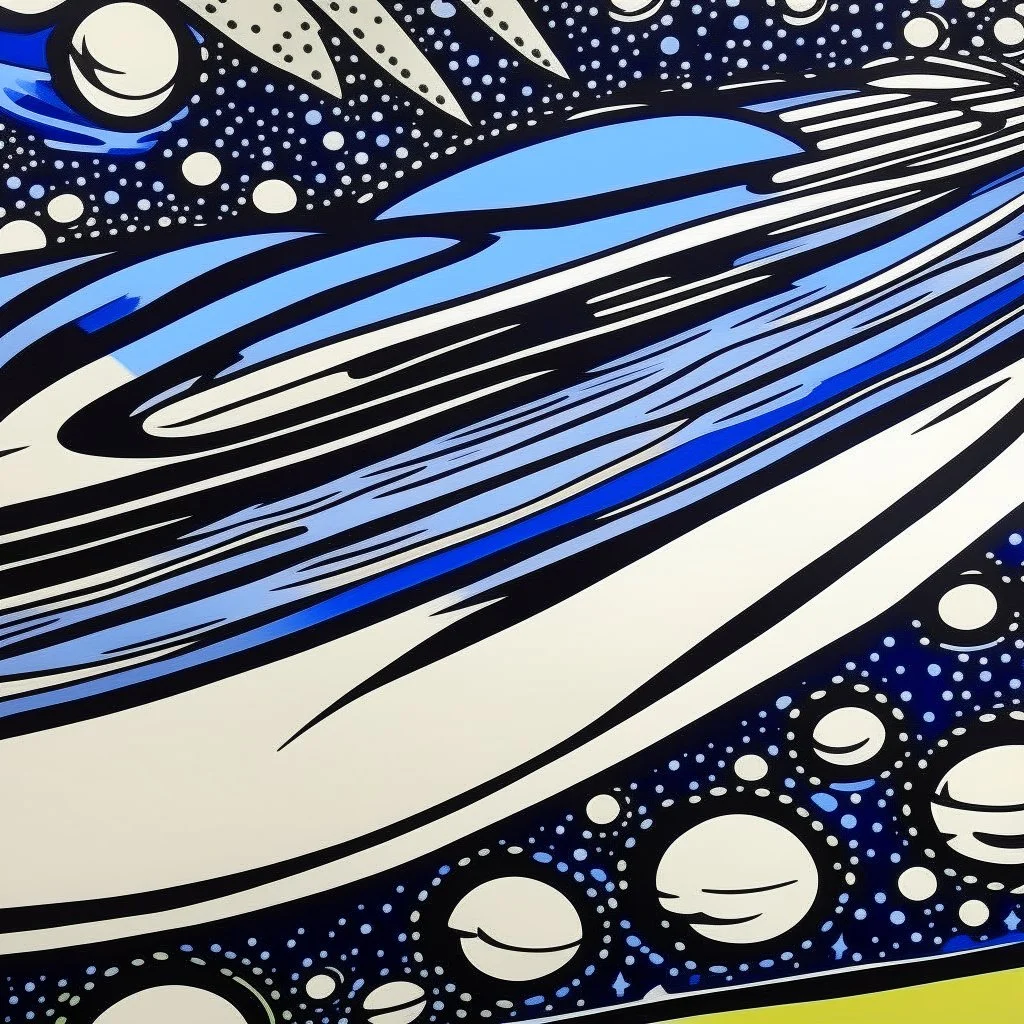 An indigo outer space with UFOs painted by Roy Lichtenstein