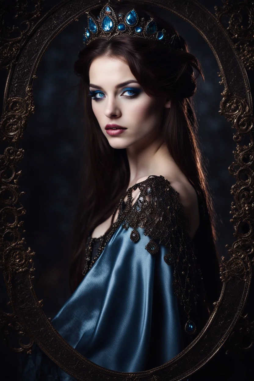 portrait of a young gothic queen with brown hair and blue eyes, very beautiful, dark fantasy