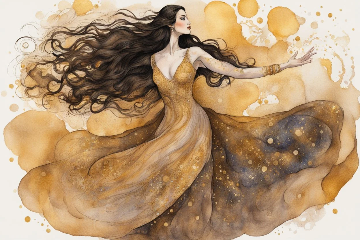 Dynamically dancing long haired brunette woman, in Klimt style, in ochre, watercolor and ink, golden glitters