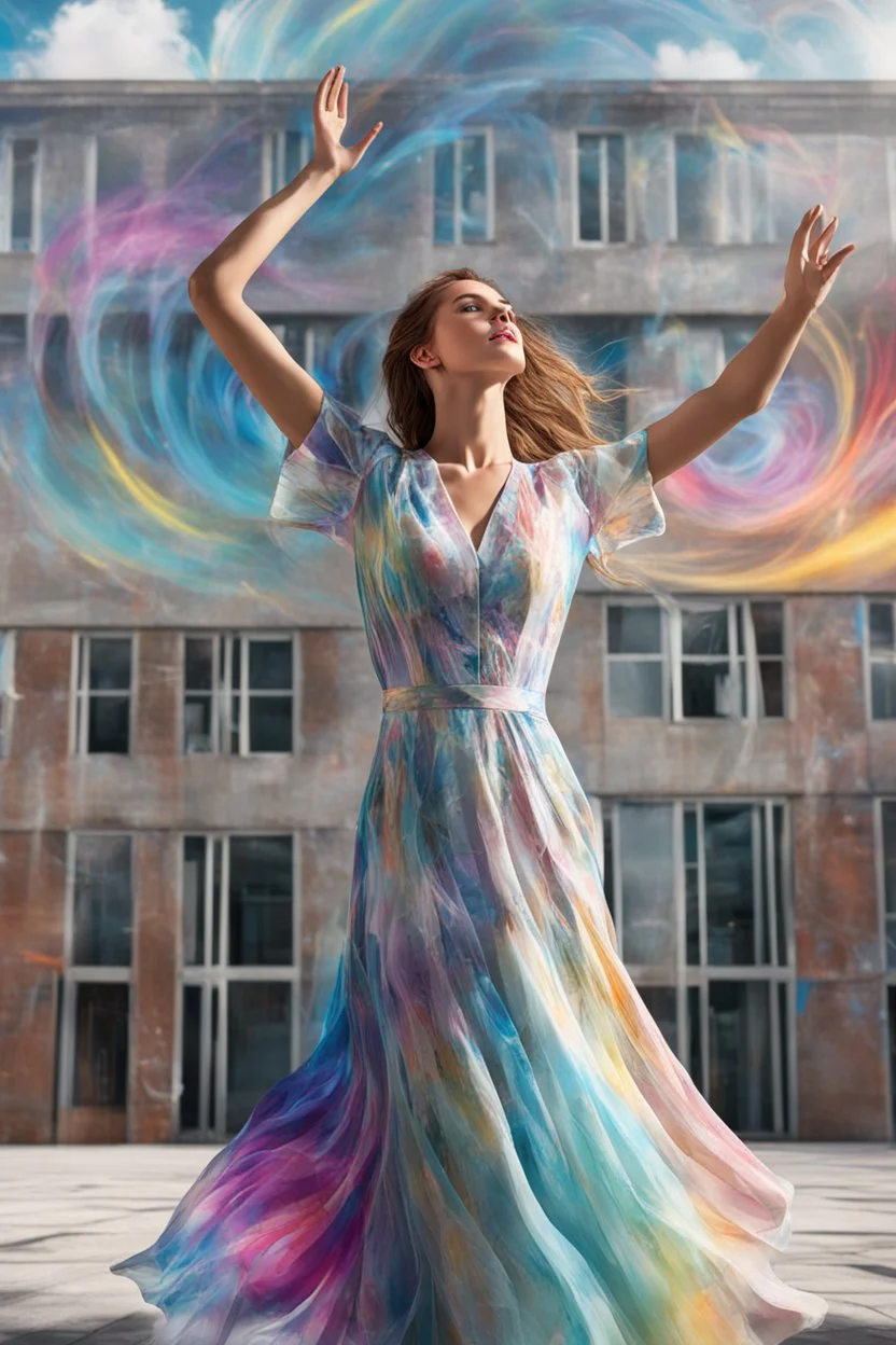 Photorealistic young woman in a dress, standing, with arms raised, looking at the front of a building at midday, with coloured auras swirling around her