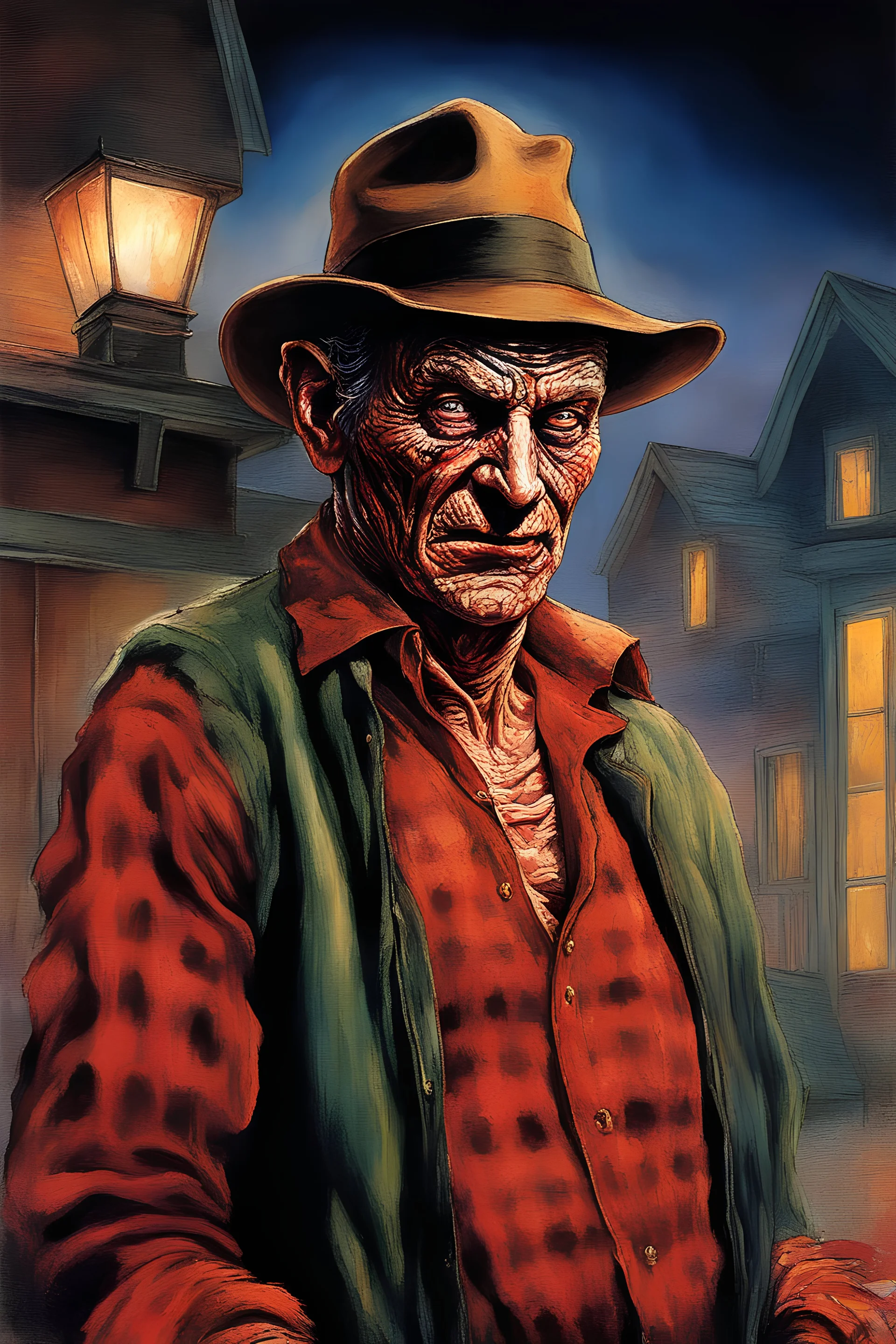 in the dead of night the bright moon shines down on a giant, extremely colorful Freddy Krueger facial portrait, standing outside the home of his next victim, a vibrant, extremely colorful, multicolored, watercolor stained wall in the background, in the art style of Boris Vallejo, Frank Frazetta, Julie bell, Caravaggio, Rembrandt, Michelangelo, Picasso, Gilbert Stuart, Neal Adams, Jim Lee, Sanjulian, Thomas Kinkade, Jim Lee, Alex Ross, Dorian Vallejo, Stan Lee, Norman Rockwell