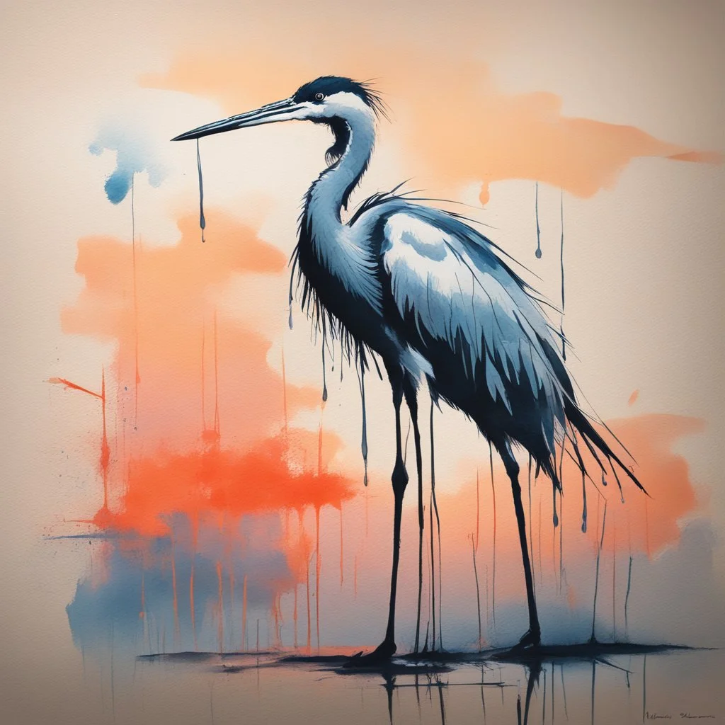 graffiti sketch of a long-legged heron on cardboard, minimalism, pastel duotone colors, loose brush stroke watercolor, sunset, reflective, wet sponge, diffusion paint wash, dramatic,