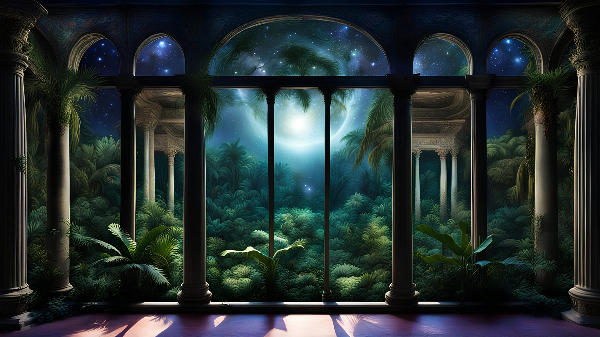 men astral body, night landscape , View from large bay windows throughout from the large bay windows extends through the jungle forest. the palace antic colonnades direct view in the midst in the jungle ,galaxy, space, ethereal space, panorama. With the songs of dawn and the sadness of sleep Every leaf - that trembles in the embrace of the black My With energy dream