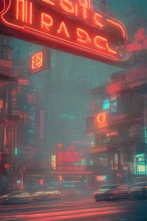Art deco style architecture cityscape, neon lights, vibrant billboards, traffic