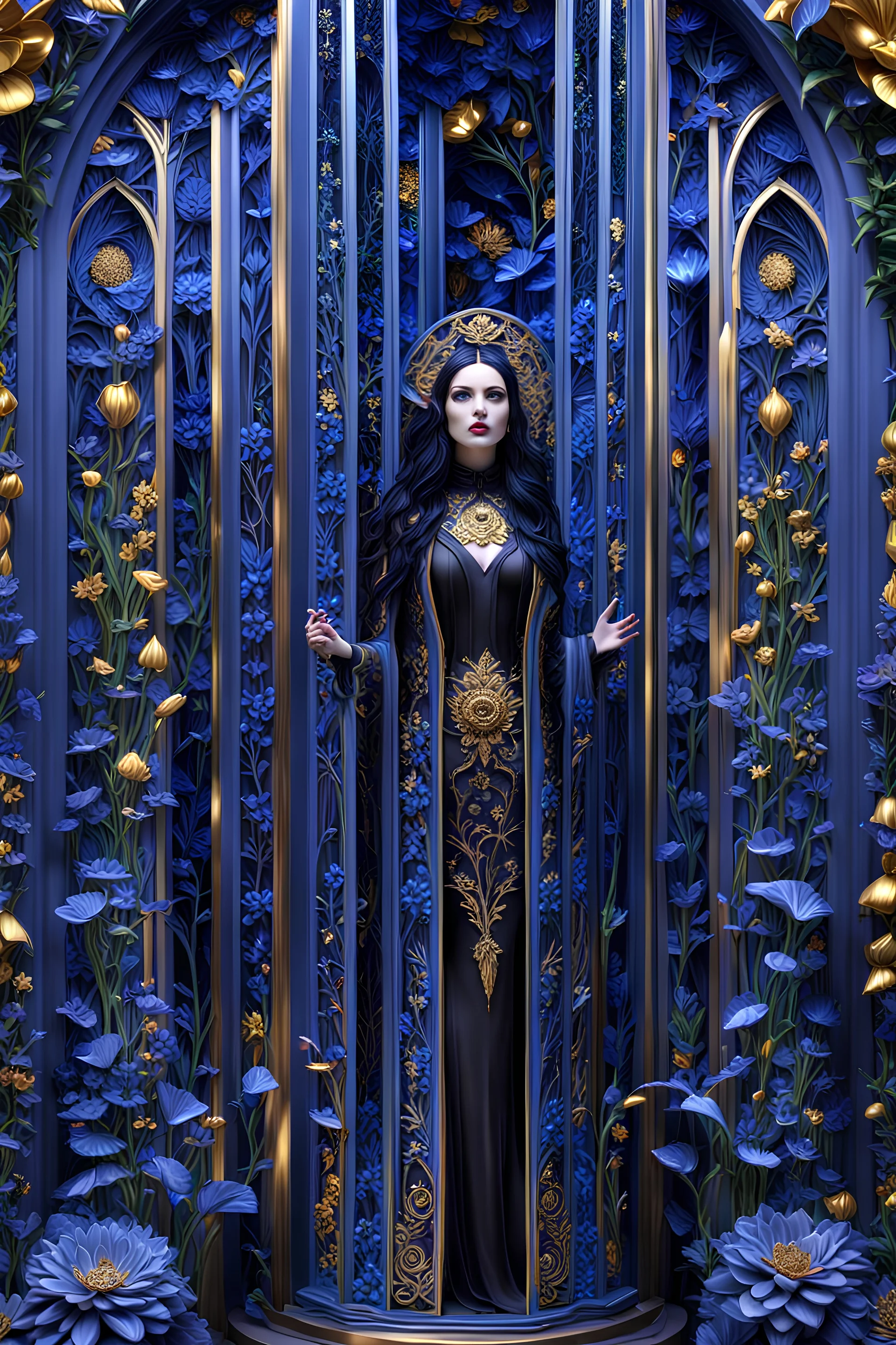 beautiful goth woman in the portal of a flower garden :: 8K, 3D, glass art, hyperdetailed, intricate, beautiful, blue and gold theme, iridescent metal shapes, award winning, crisp quality