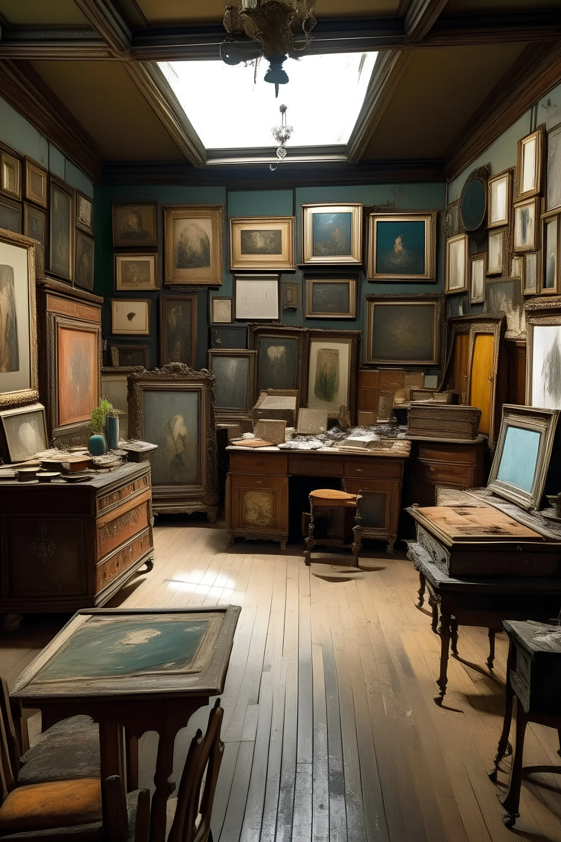 A old dusty room filled with old paintings worth a lot of money and a chest besides with codelock on