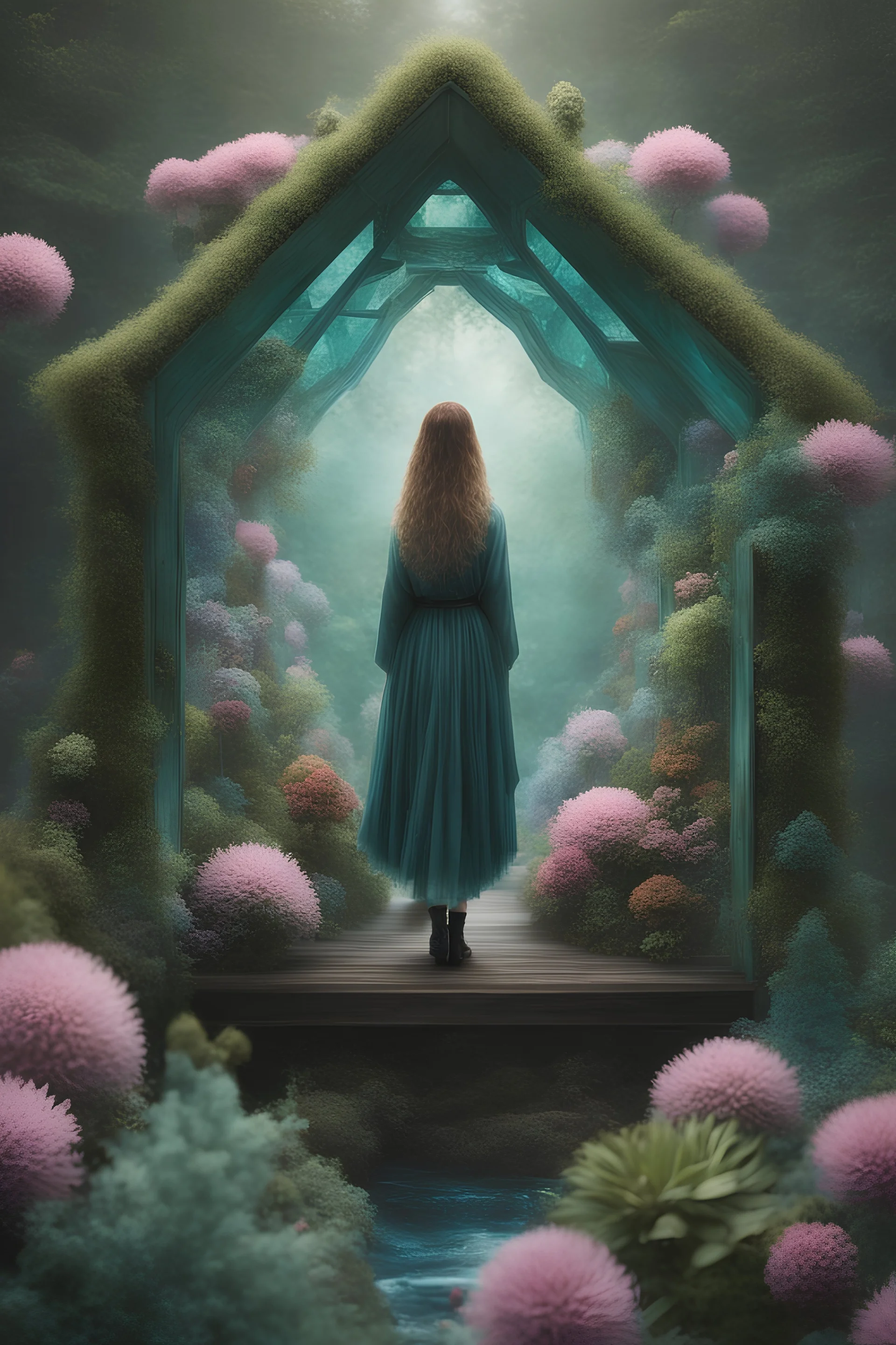 Aaron Becker, Dimitri Petrov, Surreal, mysterious, bizarre, fantastical, fantasy, Sci-fi, Japanese anime, fluorite oil bottle garden, fluffy fluff bottled mineral terrarium, pendulum world, solo girl goes in between, perfect body, detailed masterpiece