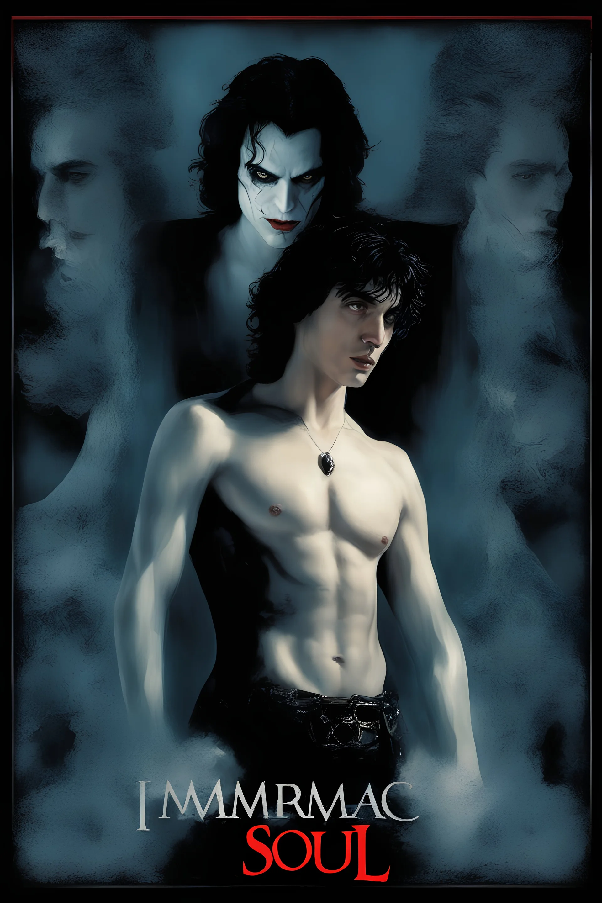 Movie Poster -- "Immortal Soul," Starring Paul Stanley as the evil vampire and Timothee Chalamet as Malcolm Stark - After witnessing the murder of his wife, at the hands of an evil vampire, he vows to avenge her death - in the art style of Boris Vallejo, Frank Frazetta, Julie bell, Caravaggio, Rembrandt, Michelangelo, Picasso, Gilbert Stuart, Gerald Brom, Thomas Kinkade, Neal Adams, Jim Lee, Sanjulian, Thomas Kinkade, Jim Lee,