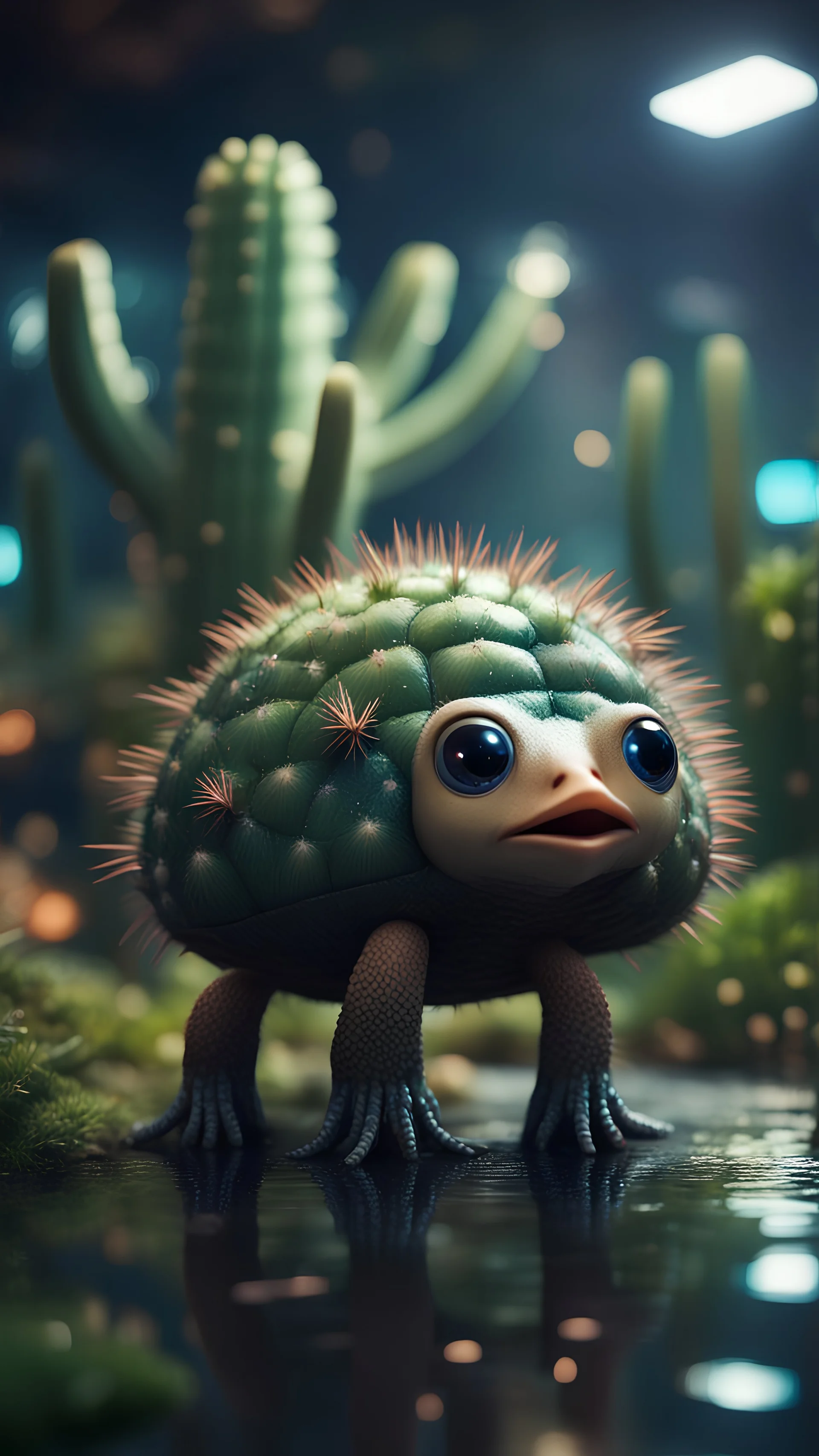 Space ostrich turtle cactus with friendly cute face and hair locks in dark lit reflective wet jungle metallic hall dome hotel tunnel, in the style of a game,bokeh like f/0.8, tilt-shift lens 8k, high detail, smooth render, down-light, unreal engine, prize winning