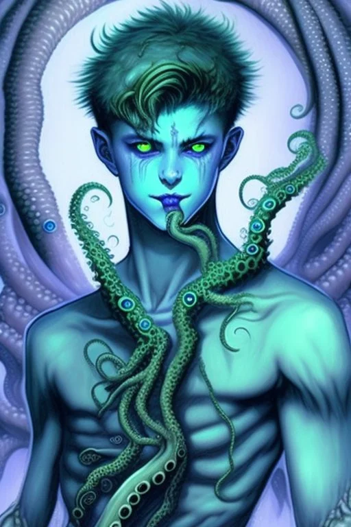 16 year old boy warlock with milky blue eyes, and fanged tentacle growing out of his belly. in the style of HR Giger