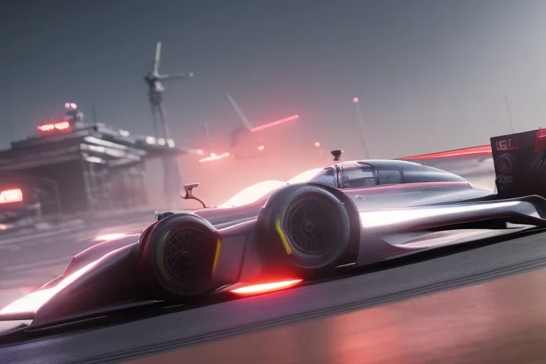 Futuristic formula race car, hovering above track, cyberpunk style