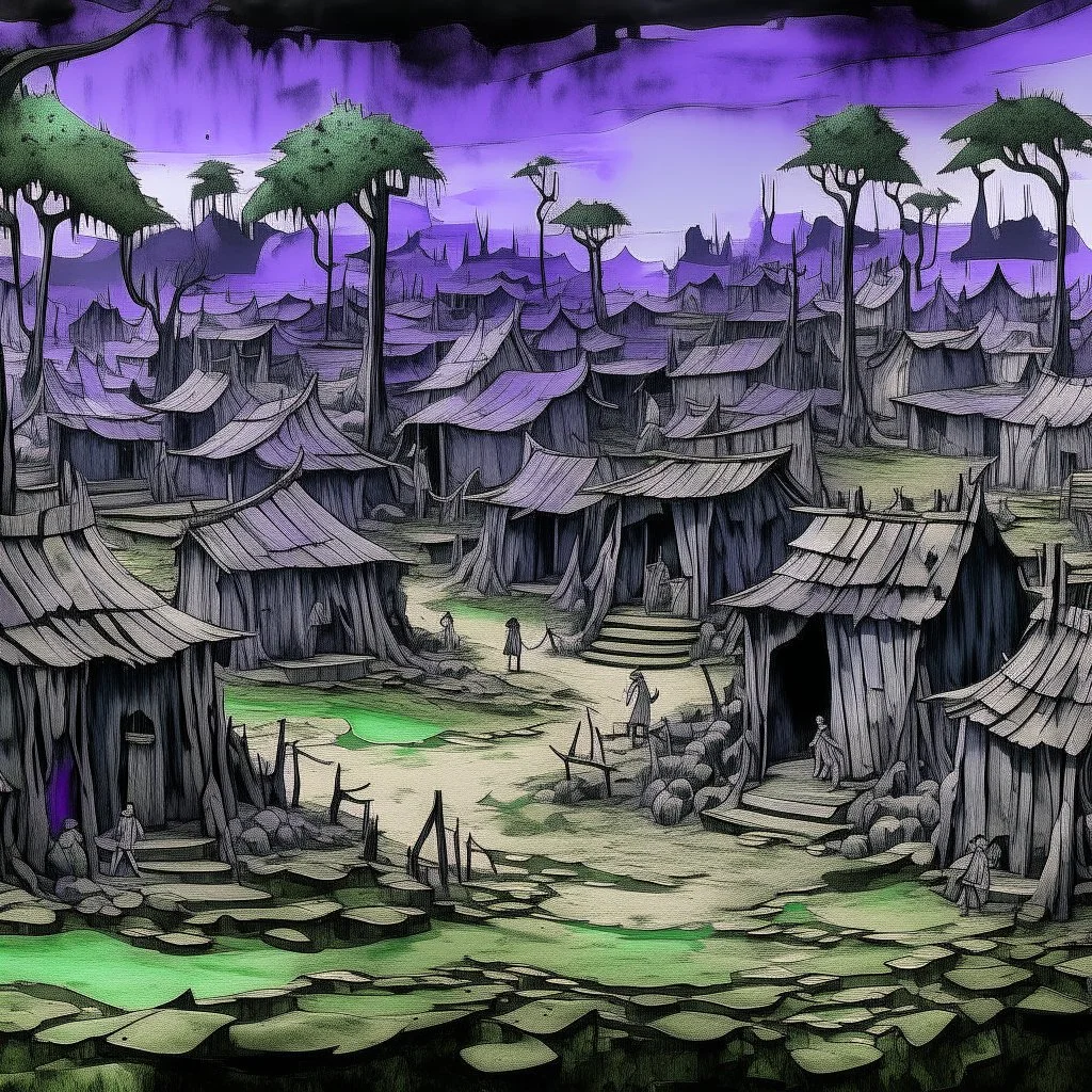 A grayish violet abandoned village covered in nuclear slime designed in Javanese shadow puppets painted by Edgar Degas