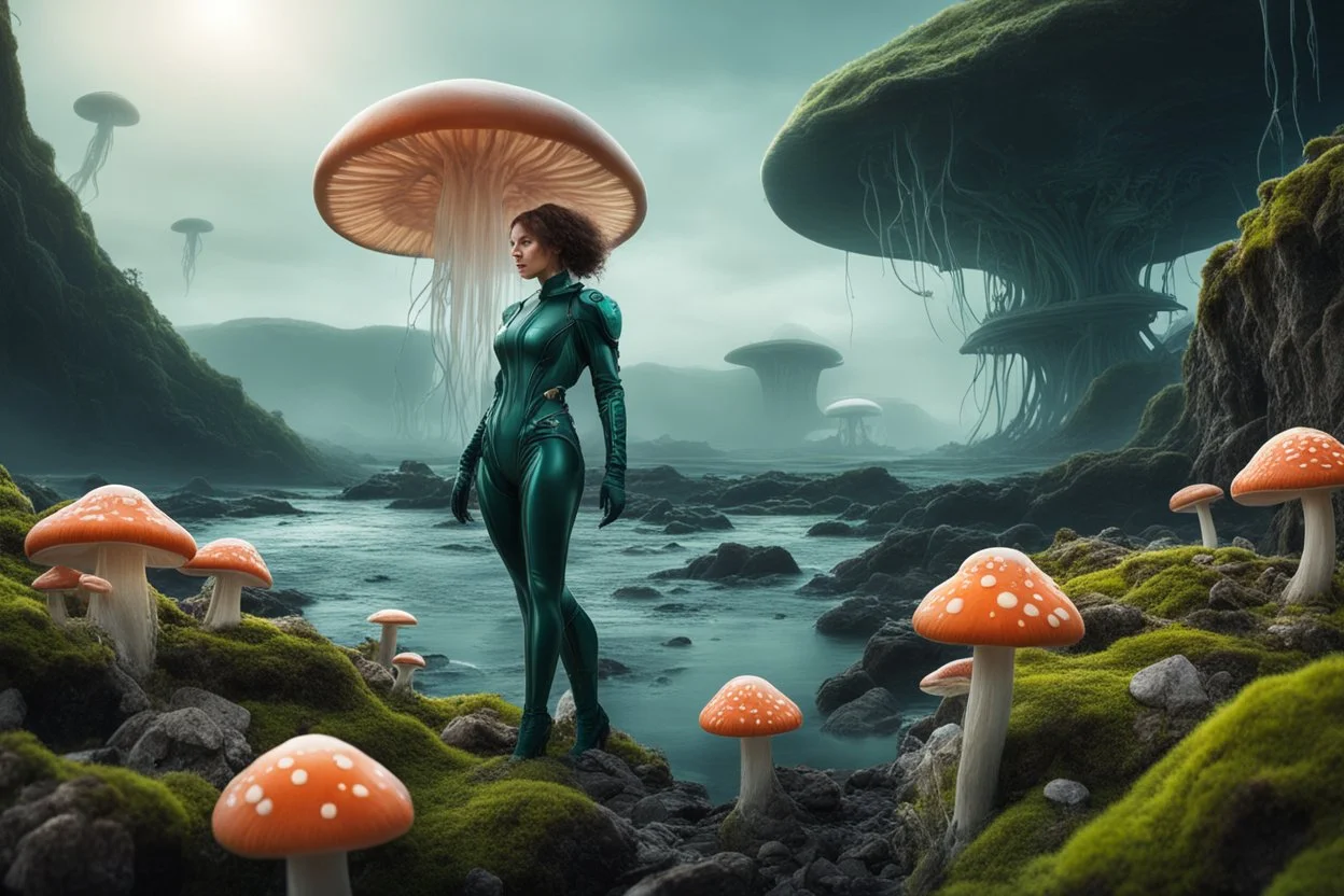 woman in a tight suit, on the shores of an alien world, with mushrooms with jellyfish tentacles, mossy rocks, small plants