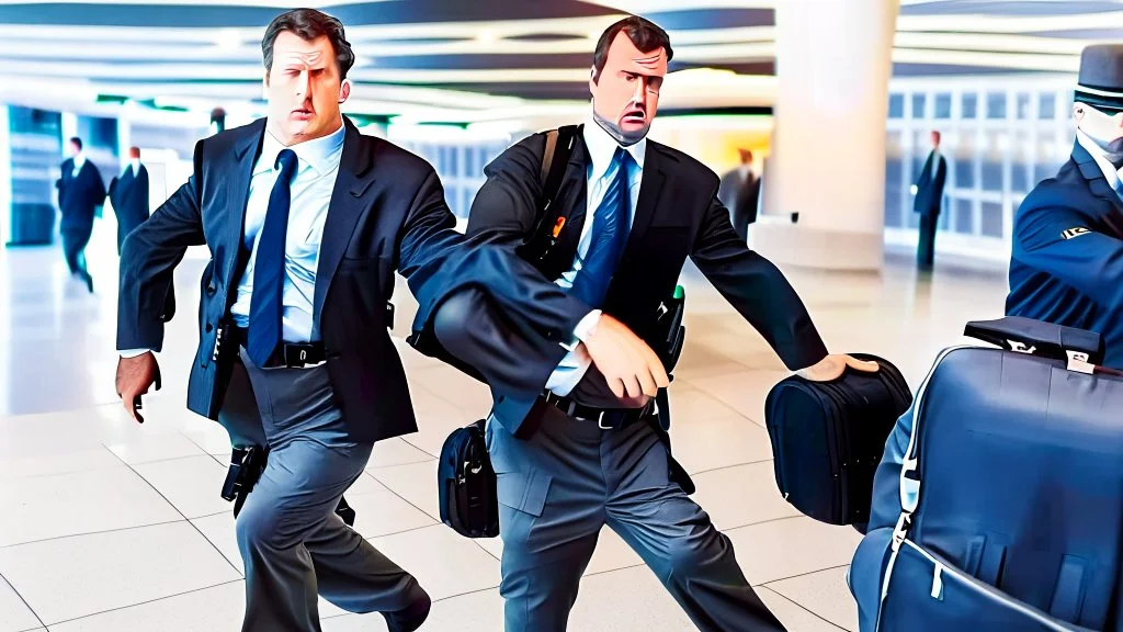 security escorting pouting man away from airport lounge