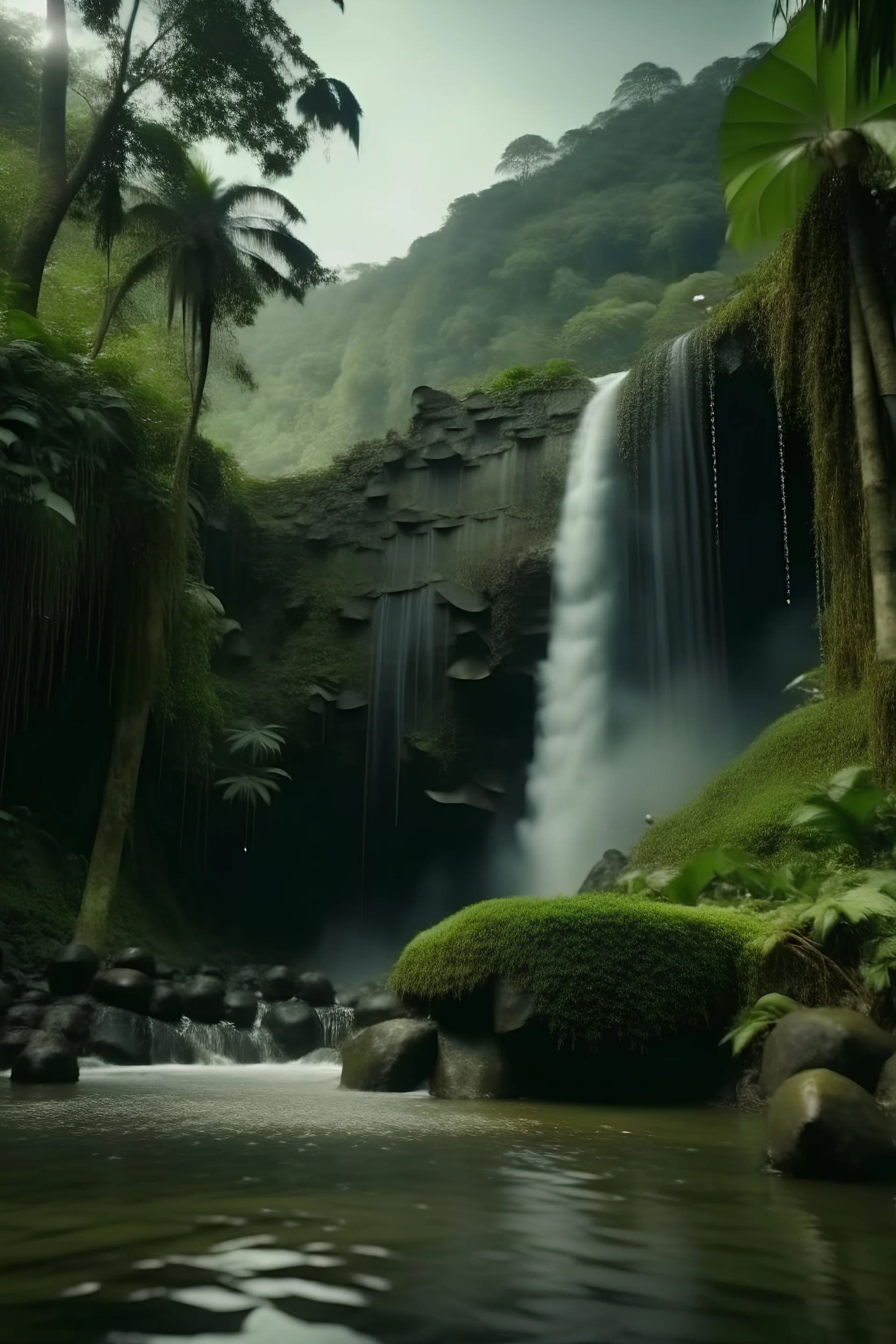 Vista detallada de una cascada en un paisaje con vegetación selvatica, con rocas que contienen musgo. Aves en el cielo y en el lago que forma la cascada, film documental, gran nivel de detalles