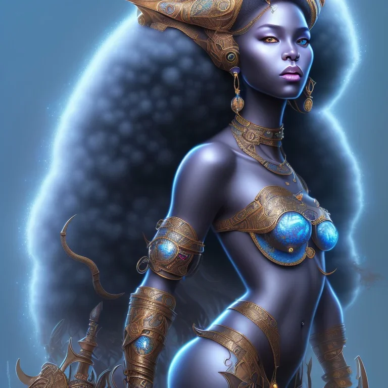 sango fantasy, fantasy magic, intricate, sharp focus, illustration, highly detailed, digital painting, concept art, matte, masterpiece head sexy lady body black African beauty space lady blue leopard skin one head African hair snow background