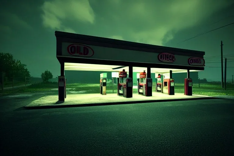 old gas station,rundown, roadside ,road texture, atmospheric ,night lighting,rainy, realistic, unity engine, cinematic lighting,green emession, octane render.