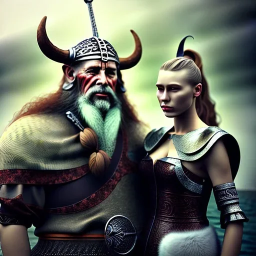 Viking theme, a younger woman sitting next to a 50-year-old man, portrait, 8K, close-up face, anatomically perfect face, Highly detailed stunning full frame portrait, misty and cloudy atmosphere