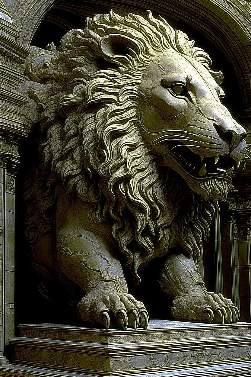 sculpture of lion , surreal , by hr giger and beksinski