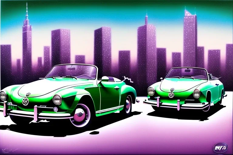 a true-to-life volkswagen karmann ghia cabrio, centered, intricate, extreme detailed, photorealism, center view, city background, pivot on volkswagen, pen and color marker painting by cheryl kelley