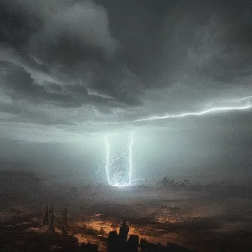 doom scenary. Heavy rain. Epic Lighting in the sky. Knight with magic scroll. Falling meteorite from the sky. Meteorite burning in the distance. Dark mud.